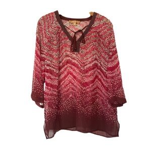 Ellen Tracy Sheer Maroon Printed V Neck Top size M